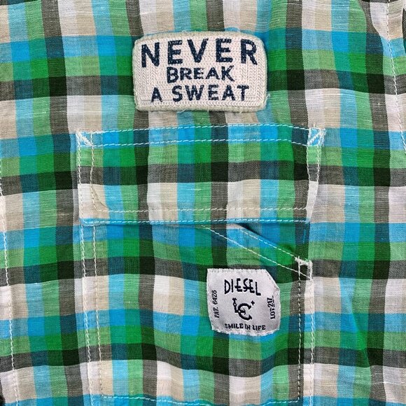 Diesel Mens Shirt XL Green Blue Plaid Button Up Linen Cotton Patches Embroidered - Picture 3 of 11